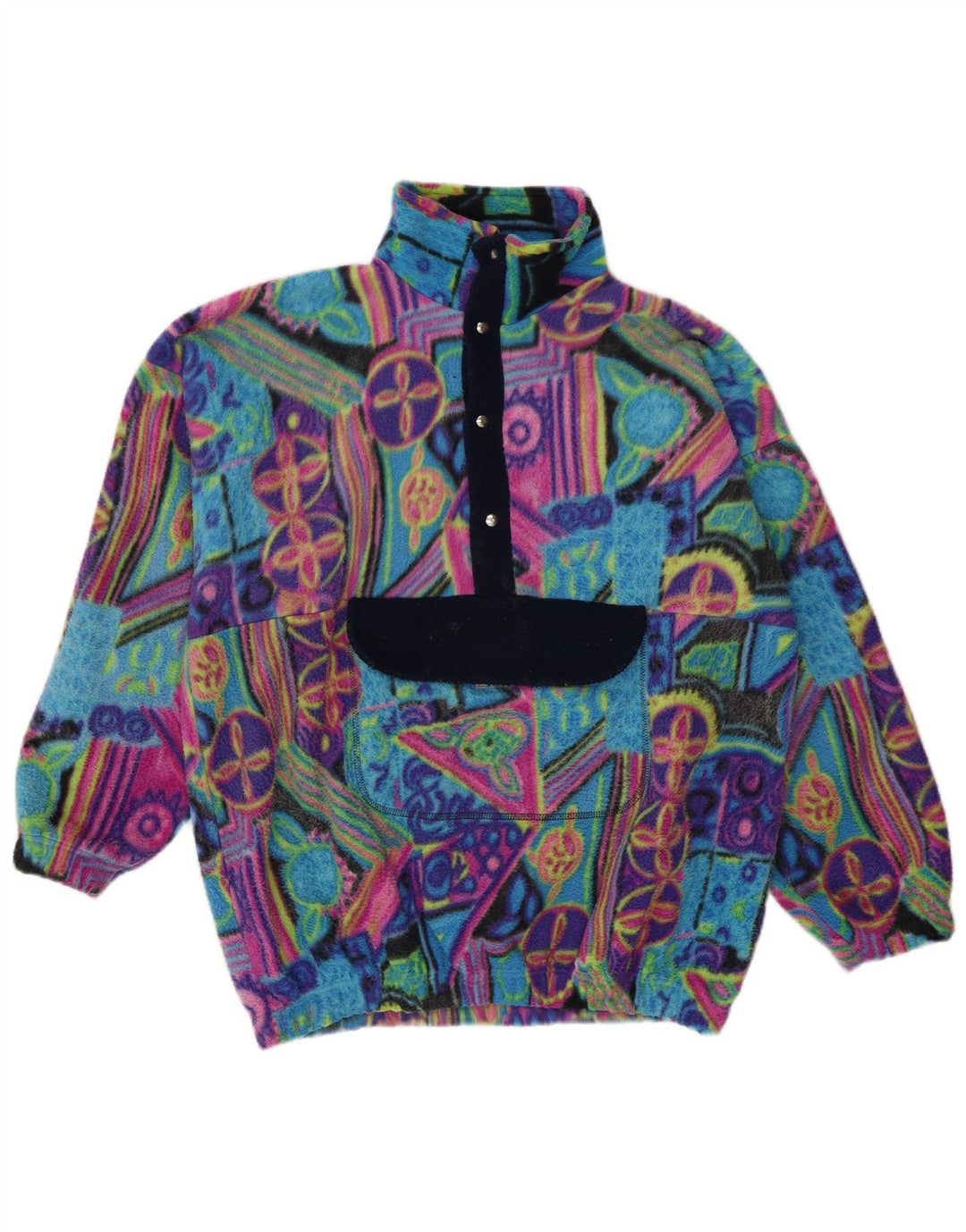Vintage hombres Anorak Fleece Jumper grande multicolor geométrico poliamida