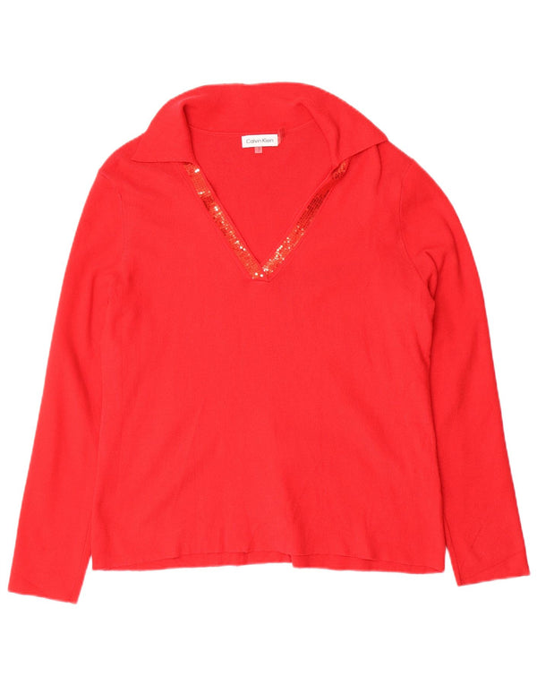 CALVIN KLEIN Suéter tipo jersey con cuello polo para mujer UK 44 Viscosa roja mediana