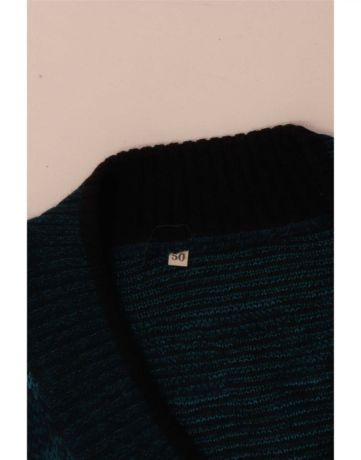 Vintage hombres V-cuello jumper suéter IT 50 azul medio Fair Isle