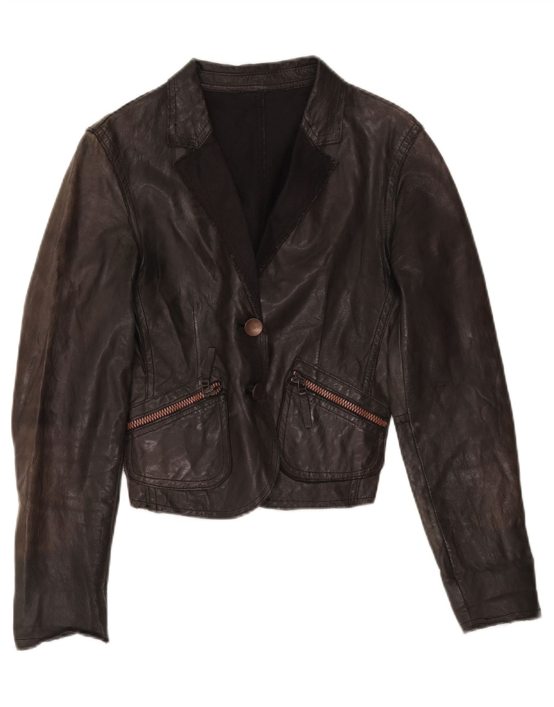 VINTAGE Womens Crop Leather Jacket UK 12 Medium Brown Leather Vintage Vintage and Second-Hand Vintage from Messina Hembry 