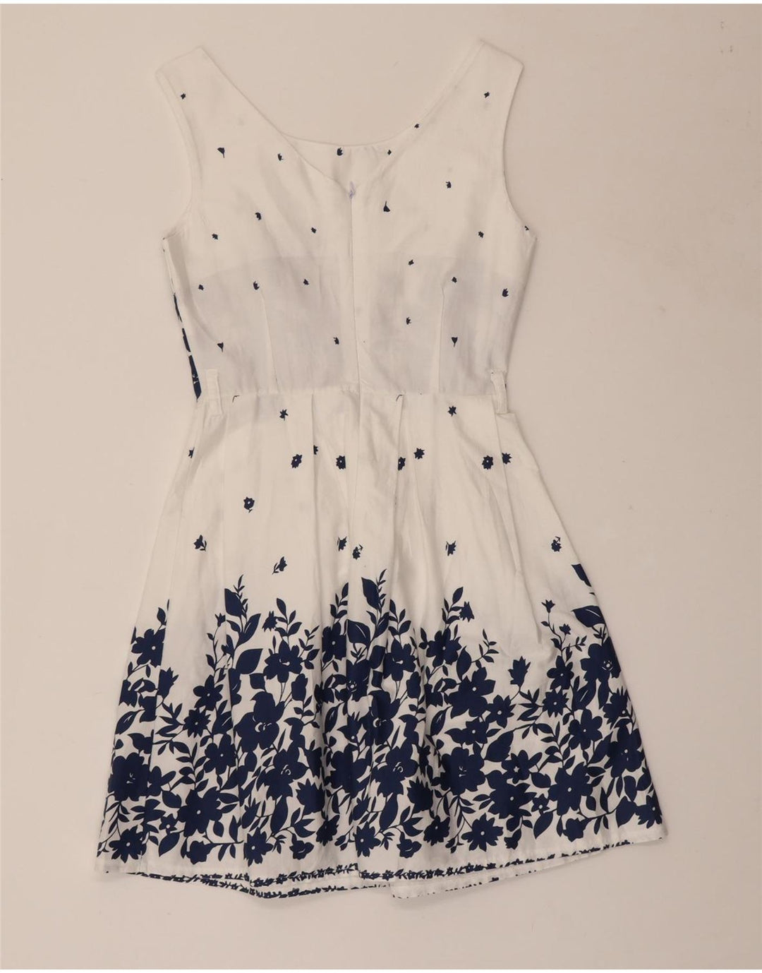 VINTAGE mujer sin mangas A-Line vestido Reino Unido 8 pequeño algodón floral blanco