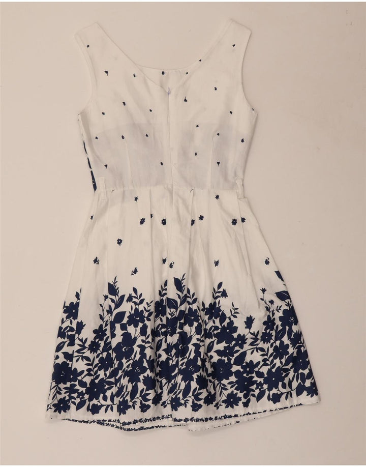 VINTAGE mujer sin mangas A-Line vestido Reino Unido 8 pequeño algodón floral blanco