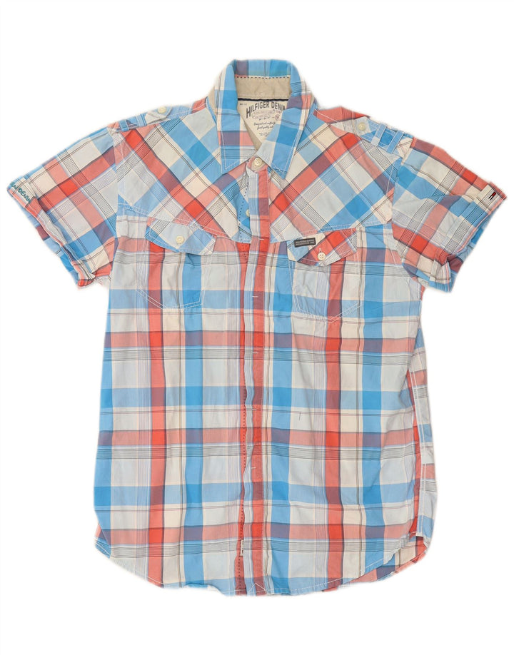 TOMMY HILFIGER Camisa militar de manga corta de algodón a cuadros azul medio