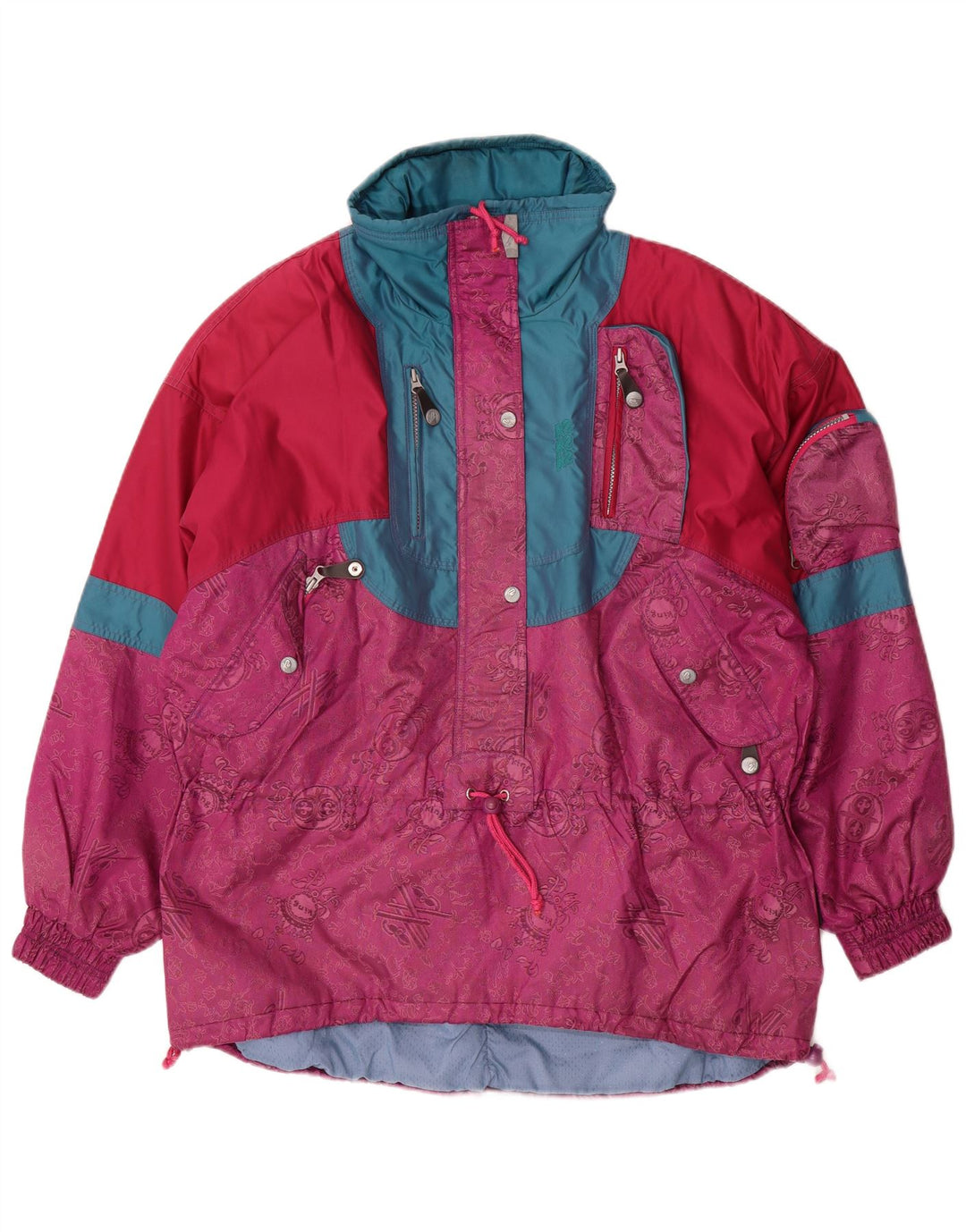 Vintage mujer jersey chaqueta de esquí de gran tamaño Reino Unido 16 bloque de color rosa grande