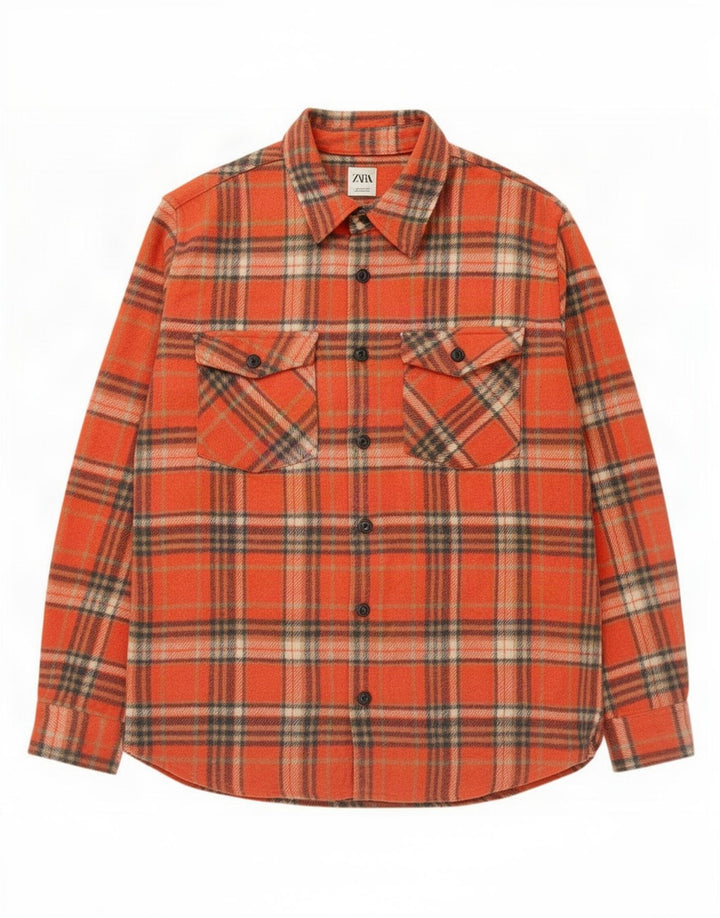 Zara Hombre Camisa De Franela De Ajuste Relajado Poliéster A Cuadros Naranja Grande