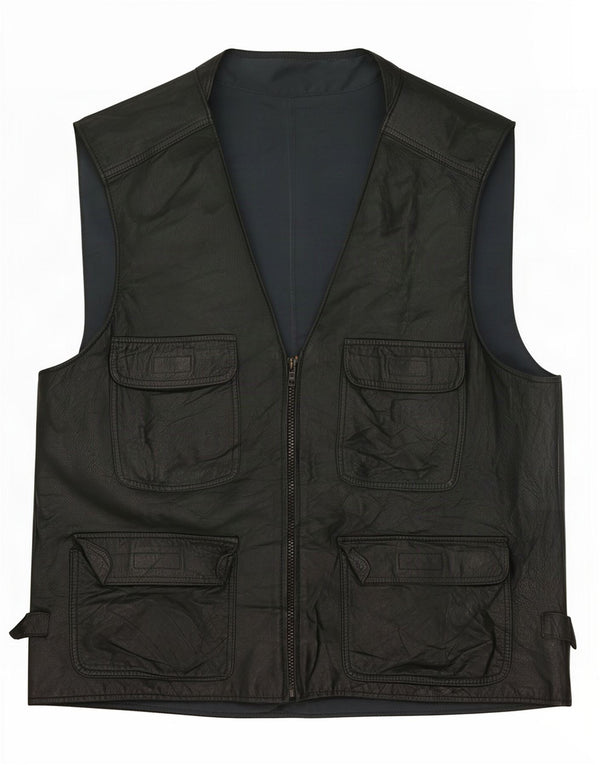 Vintage hombres cuero utilitario gilet Reino Unido 38 medio negro