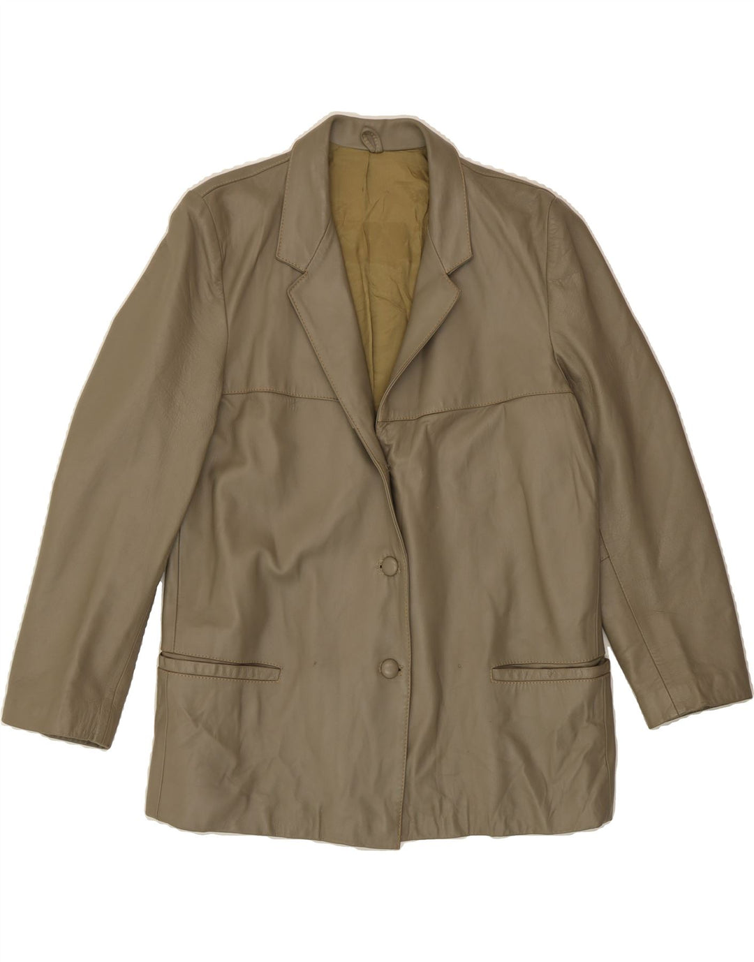 VINTAGE Womens Leather 2 Button Blazer Jacket UK 16 Large Khaki Leather Vintage Vintage and Second-Hand Vintage from Messina Hembry 
