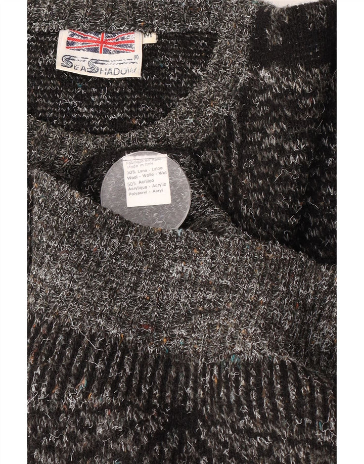 Vintage hombres barco cuello jumper suéter gris medio lana geométrica