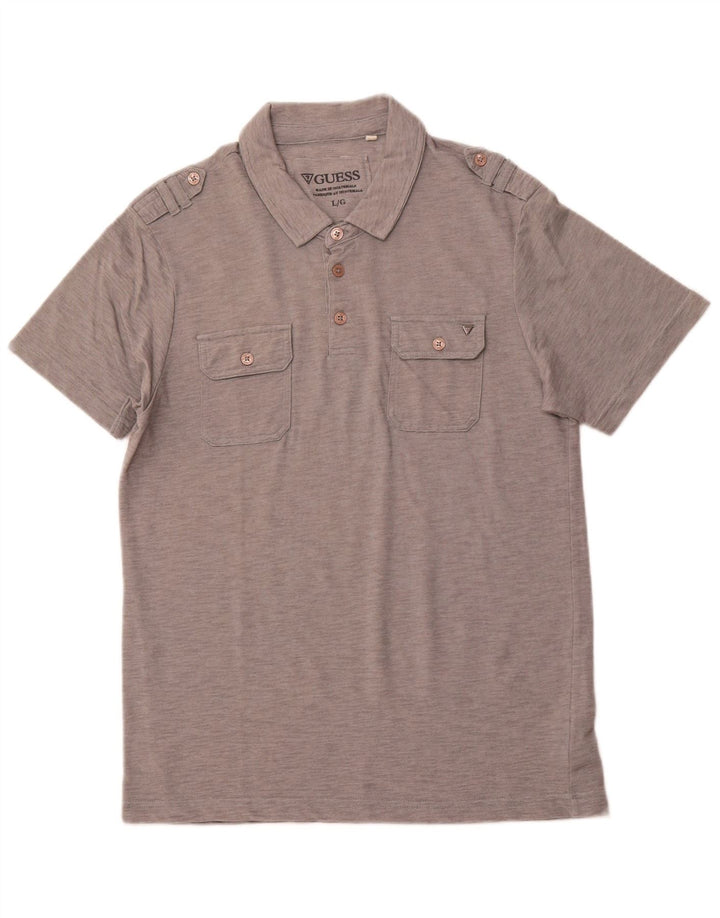 GUESS Polo militar para hombre de algodón a rayas grises grandes