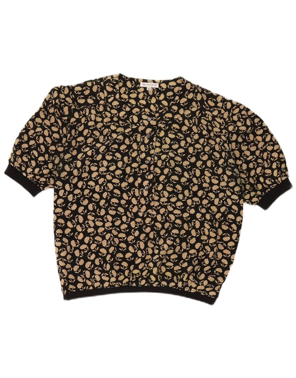 Vintage mujer crop blusa top Reino Unido 14 medio negro floral seda