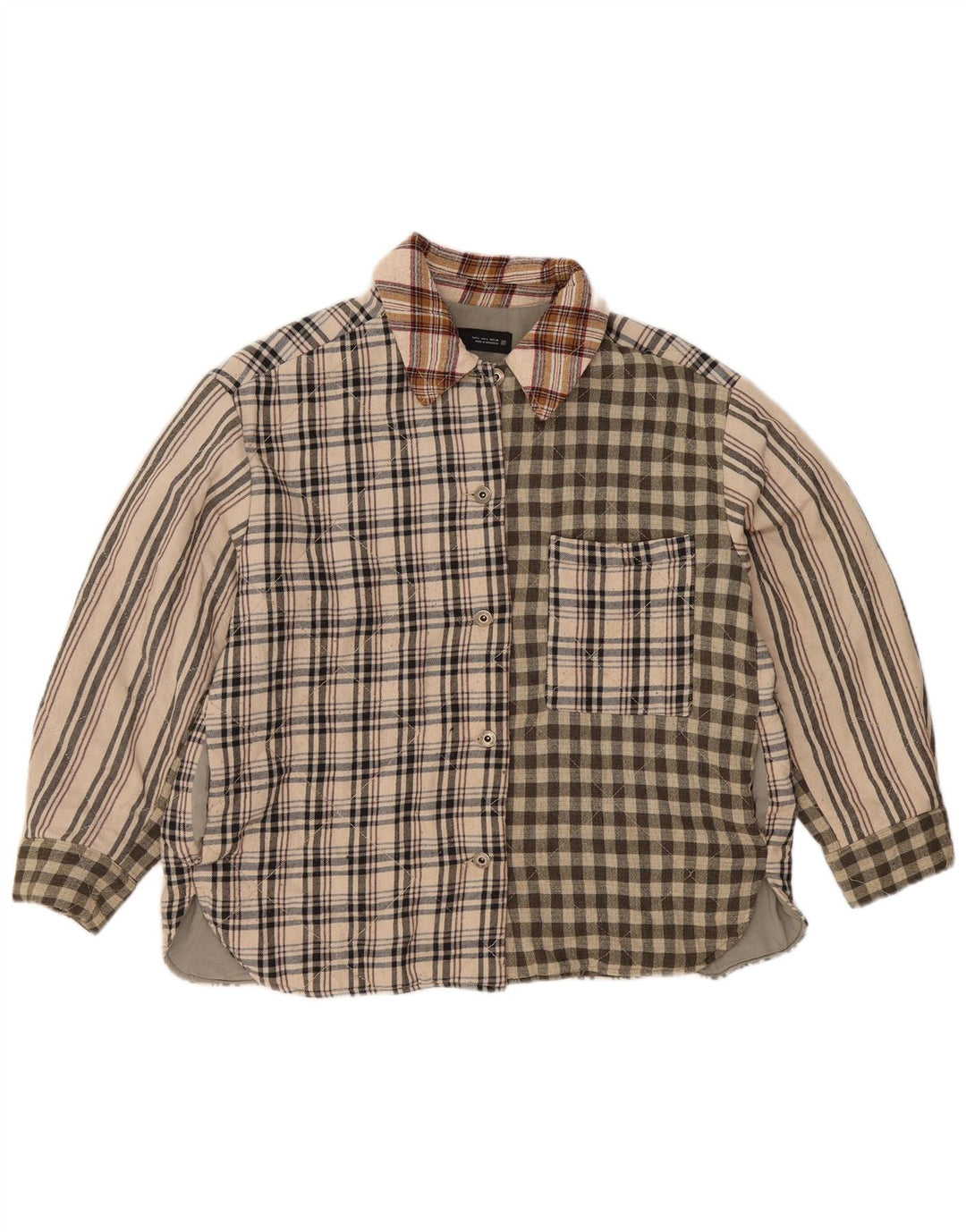 Zara Mujer Camisa De Franela Lumberjack UK 46 Grande Beige Patchwork Poliéster
