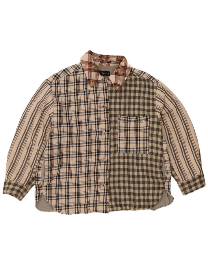 Zara Mujer Camisa De Franela Lumberjack UK 46 Grande Beige Patchwork Poliéster