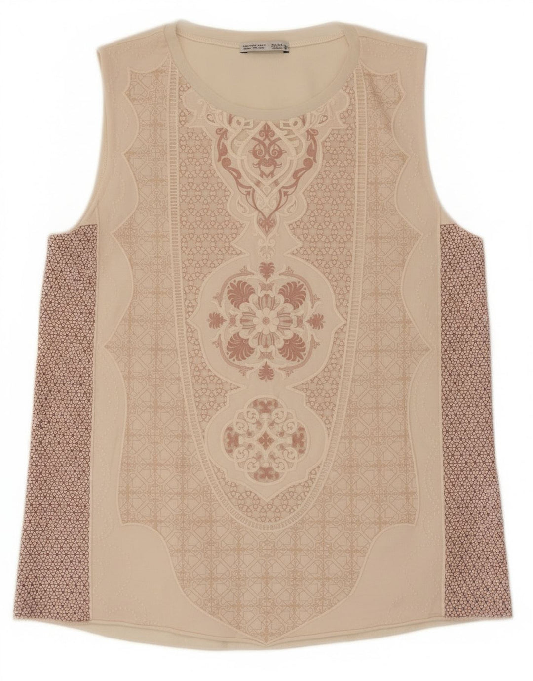 Zara Mujer Camiseta Sin Mangas Con Estampado Abstracto UK 8 Small Beige Poliéster