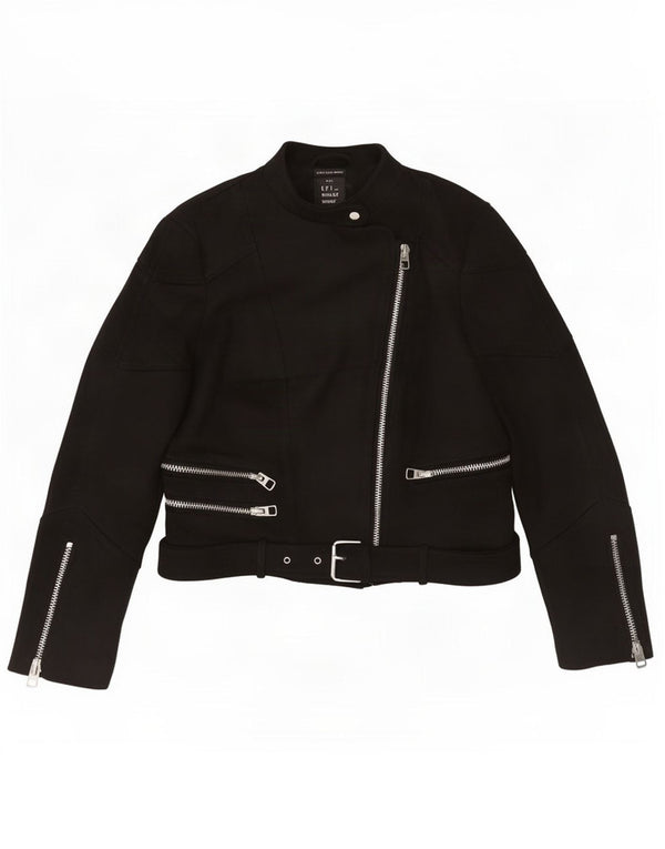 Zara Mujer Trafaluc Crop Biker Chaqueta UK 12 Mediano Negro Poliéster