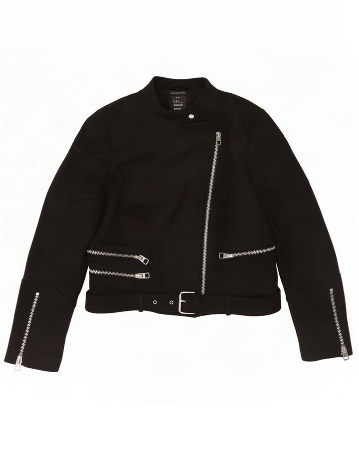 Zara Mujer Trafaluc Crop Biker Chaqueta UK 12 Mediano Negro Poliéster