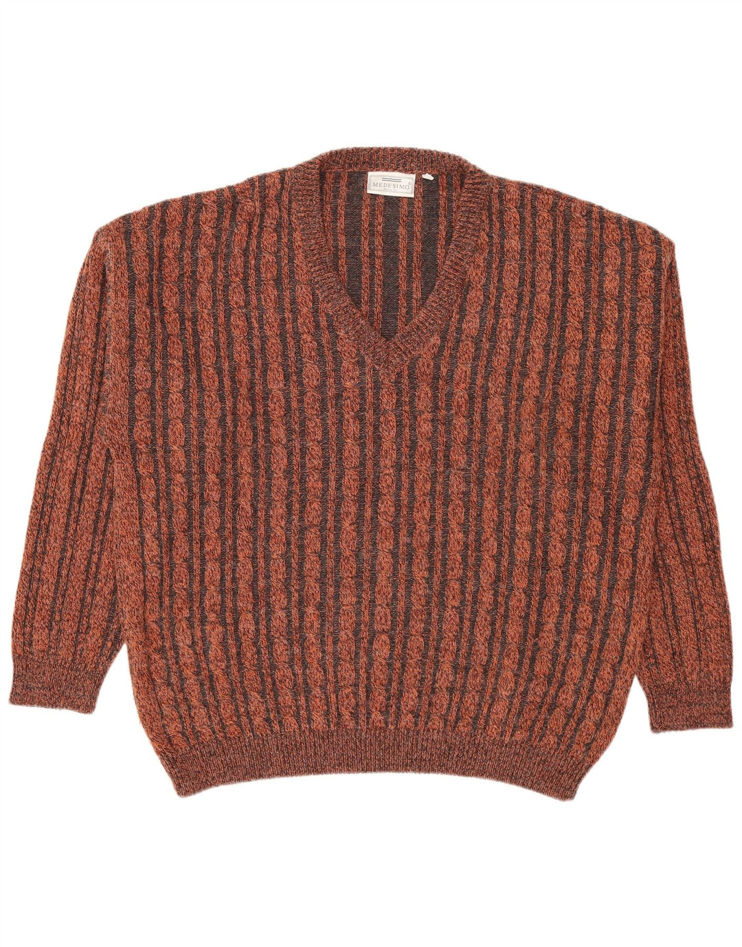 Vintage hombres V-cuello jumper suéter pequeño marrón rayas