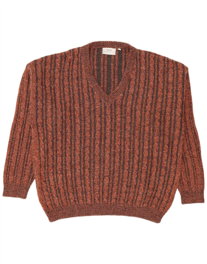Vintage hombres V-cuello jumper suéter pequeño marrón rayas