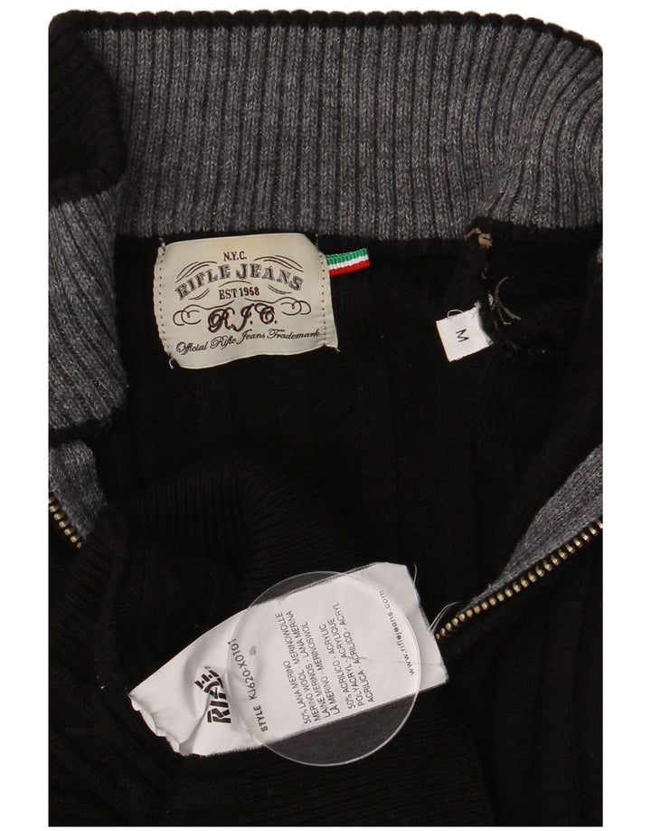 Rifle Suéter tipo jersey con cuello y cremallera para hombre Lana merino negra mediana