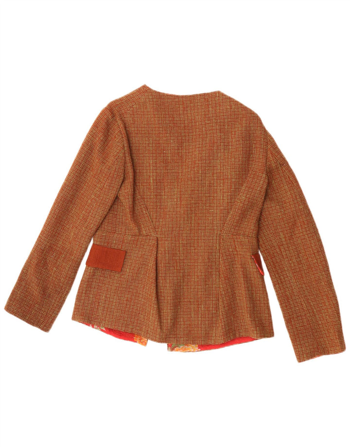 Fatto a Mano Chaqueta Blazer para Mujer UK 8 Pequeña Lana Geométrica Marrón