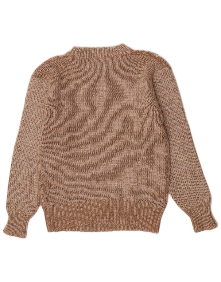 Vintage hombres regular fit cuello redondo jersey suéter medio marrón geométrico