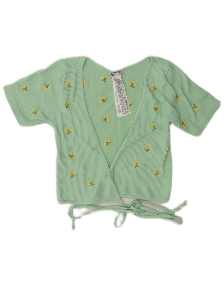 Zara Mujer Cárdigan Cruzado Top UK 42 Poliamida Floral Verde Medio