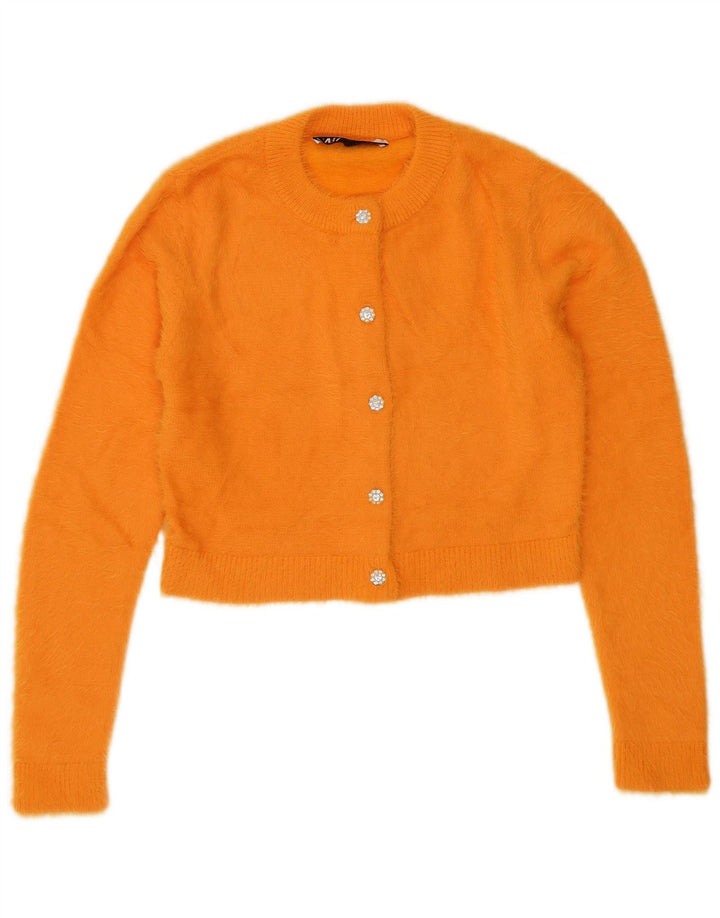 Zara Mujer Crop Cardigan Suéter UK 10 Small Naranja Nylon