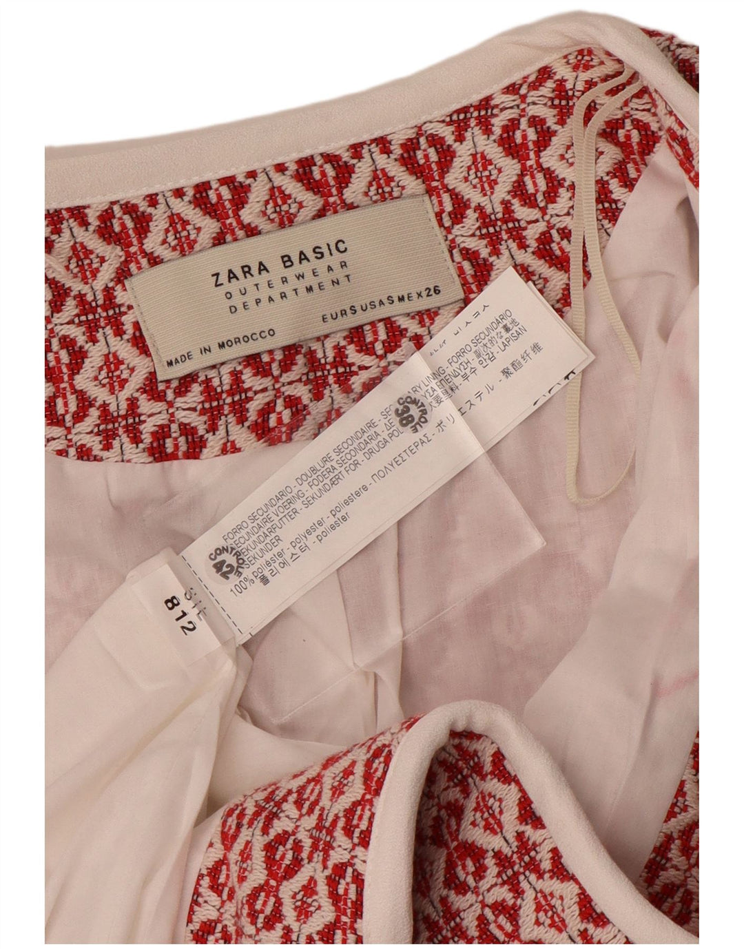 Zara Mujer Abrigo Abierto De Punto UK 10 Pequeño Poliéster Geométrico Rojo