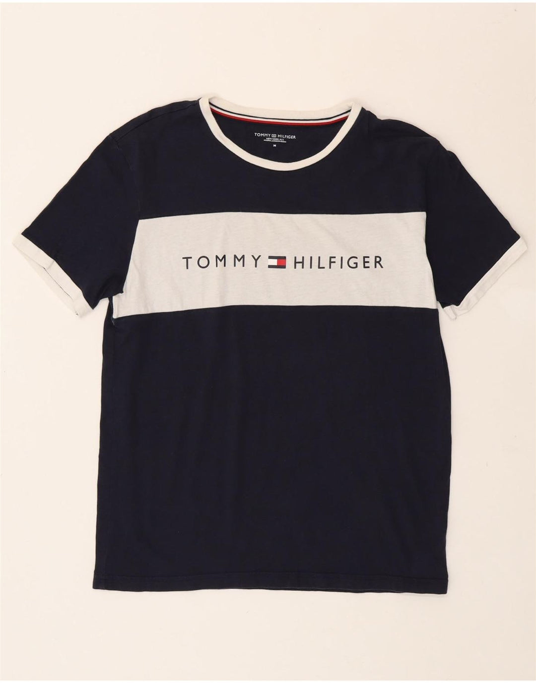 TOMMY HILFIGER Mens Graphic T-Shirt Top Medium Navy Blue Colourblock Vintage Tommy Hilfiger and Second-Hand Tommy Hilfiger from Messina Hembry 