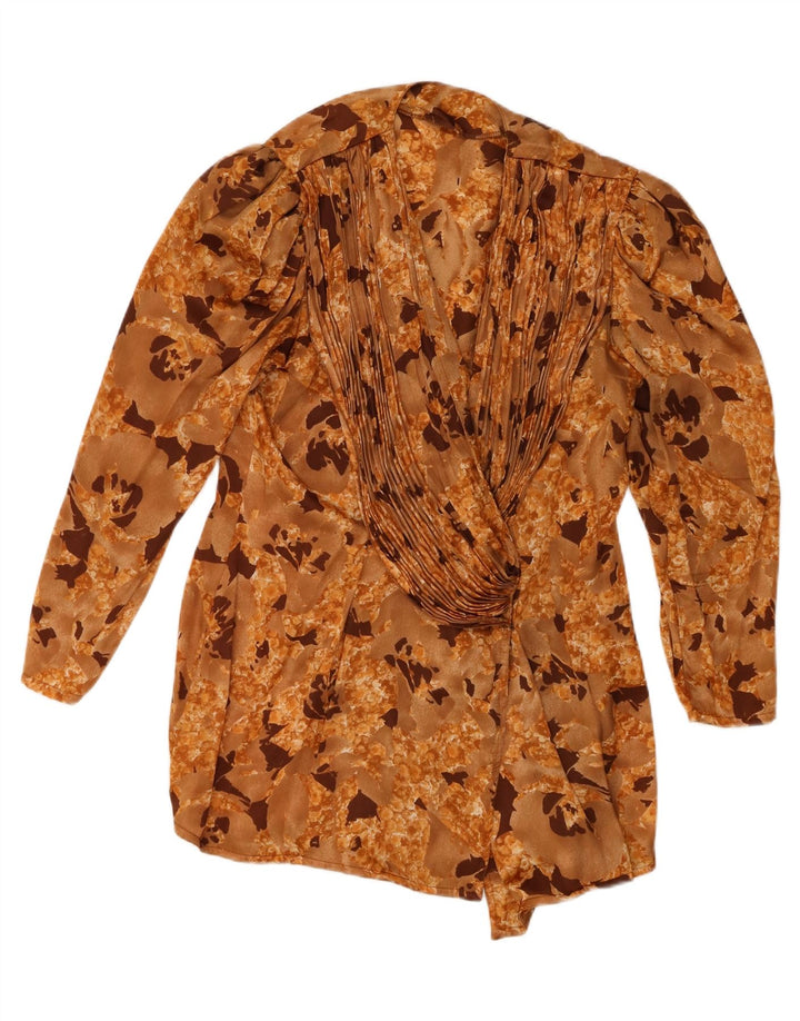 Vintage mujer camisa blusa Reino Unido 16 poliéster floral beige grande