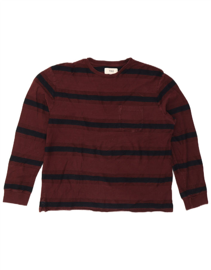 Marks & Spencer Top para hombre de manga larga de algodón a rayas burdeos grande
