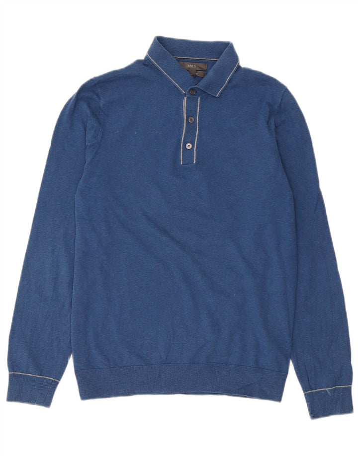 Marks & Spencer Jersey con cuello tipo polo para hombre, talla pequeña, algodón azul