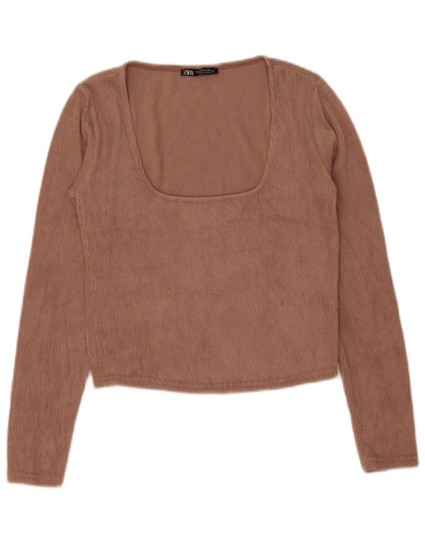 Zara Mujer Crop Top Manga Larga UK 42 Marrón Medio Poliéster