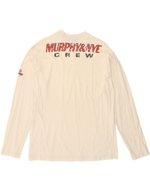 Murphy & Nye Mens Graphic Top Manga Larga Pequeño Algodón Blanco