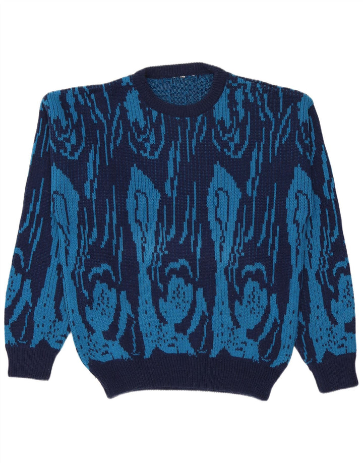 Vintage hombres cuello redondo jersey suéter IT 50 lana geométrica azul medio