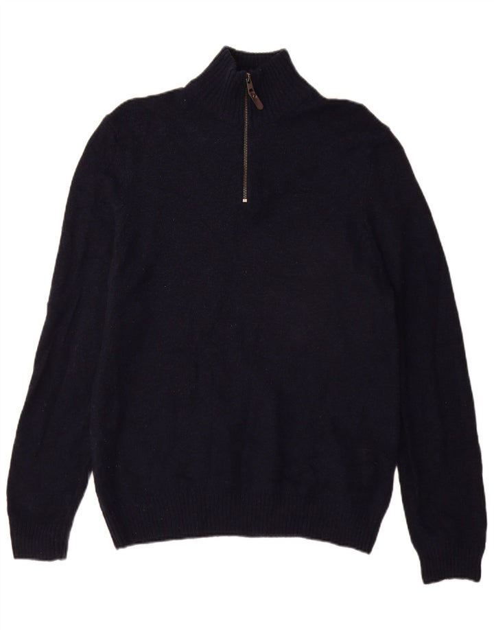 Marks & Spencer Suéter tipo jersey con cuello y cremallera para hombre de lana de cordero azul marino mediano