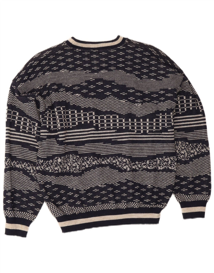 Vintage hombres cuello redondo jersey suéter medio azul marino lana geométrica