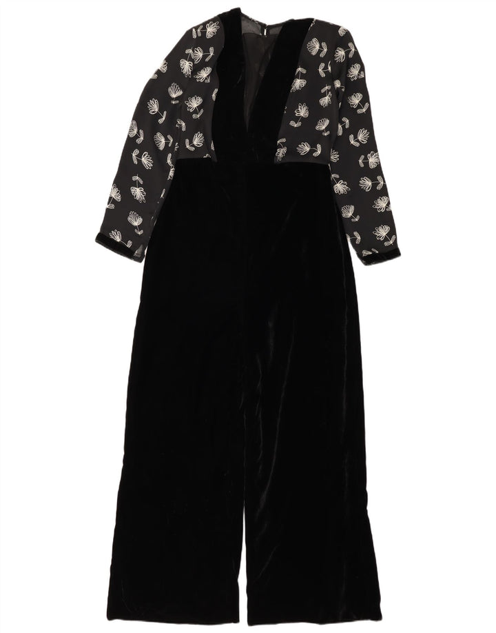 Vintage mujer Velour mono Reino Unido 12 medio negro floral poliéster