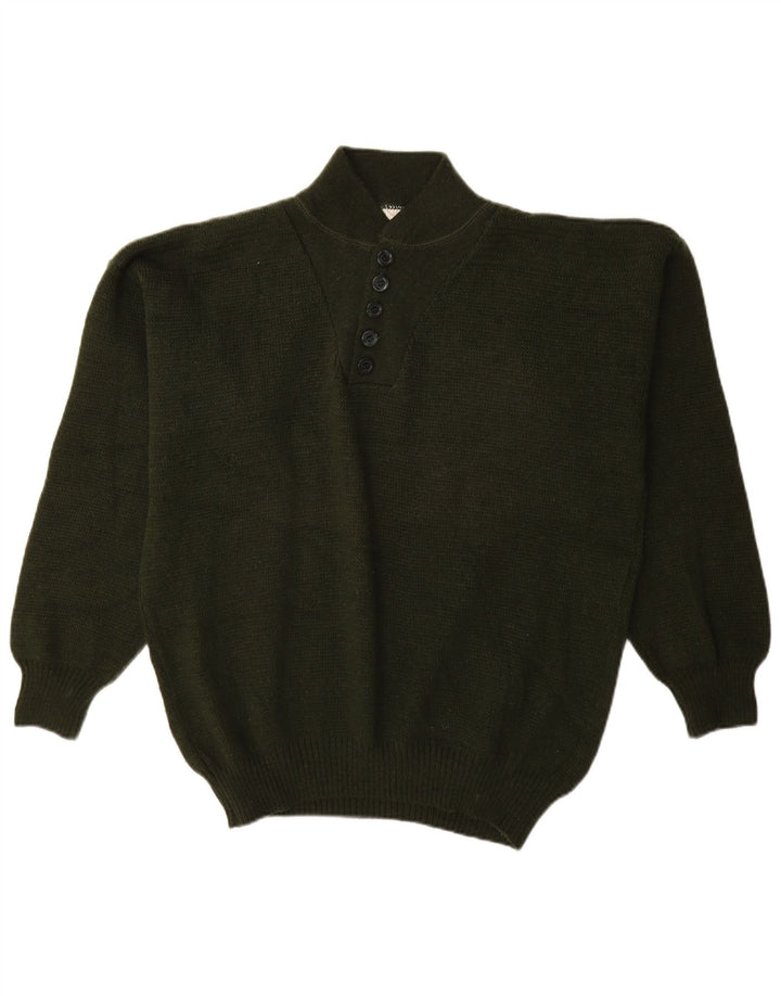 VINTAGE Hombres Botón Cuello Jersey Suéter Medio Caqui Acrílico