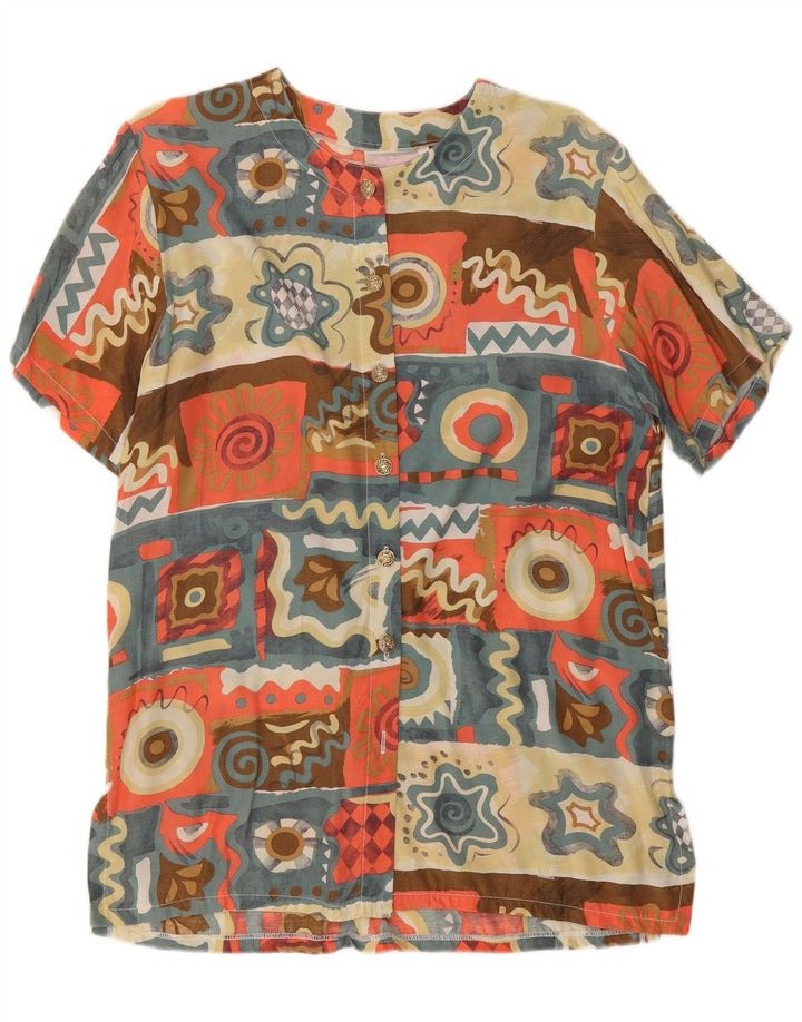 Vintage mujer camisa blusa Reino Unido 14 medio multicolor geométrico
