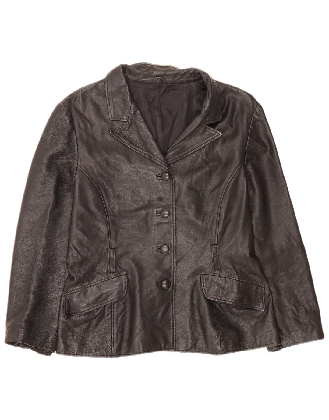 Vintage mujer 4 botones cuero Blazer chaqueta Reino Unido 14 medio negro clásico