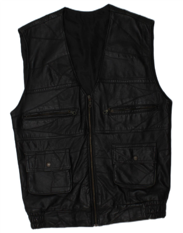 VINTAGE Mens Leather Gilet UK 38 Medium Black Patchwork