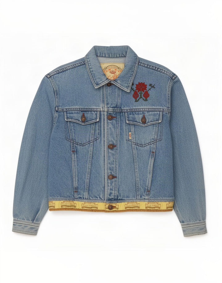 Vintage hombres chaqueta de mezclilla Reino Unido 14 azul medio floral