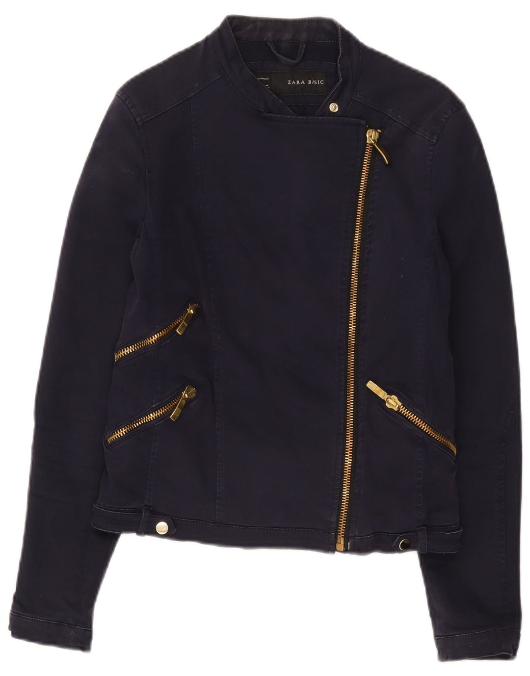Zara Mujer Crop Biker Jacket UK 40 Grande Azul Marino Algodón