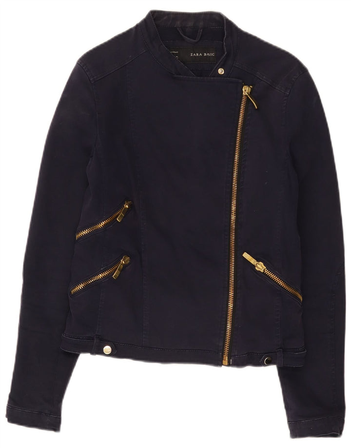 Zara Mujer Crop Biker Jacket UK 40 Grande Azul Marino Algodón