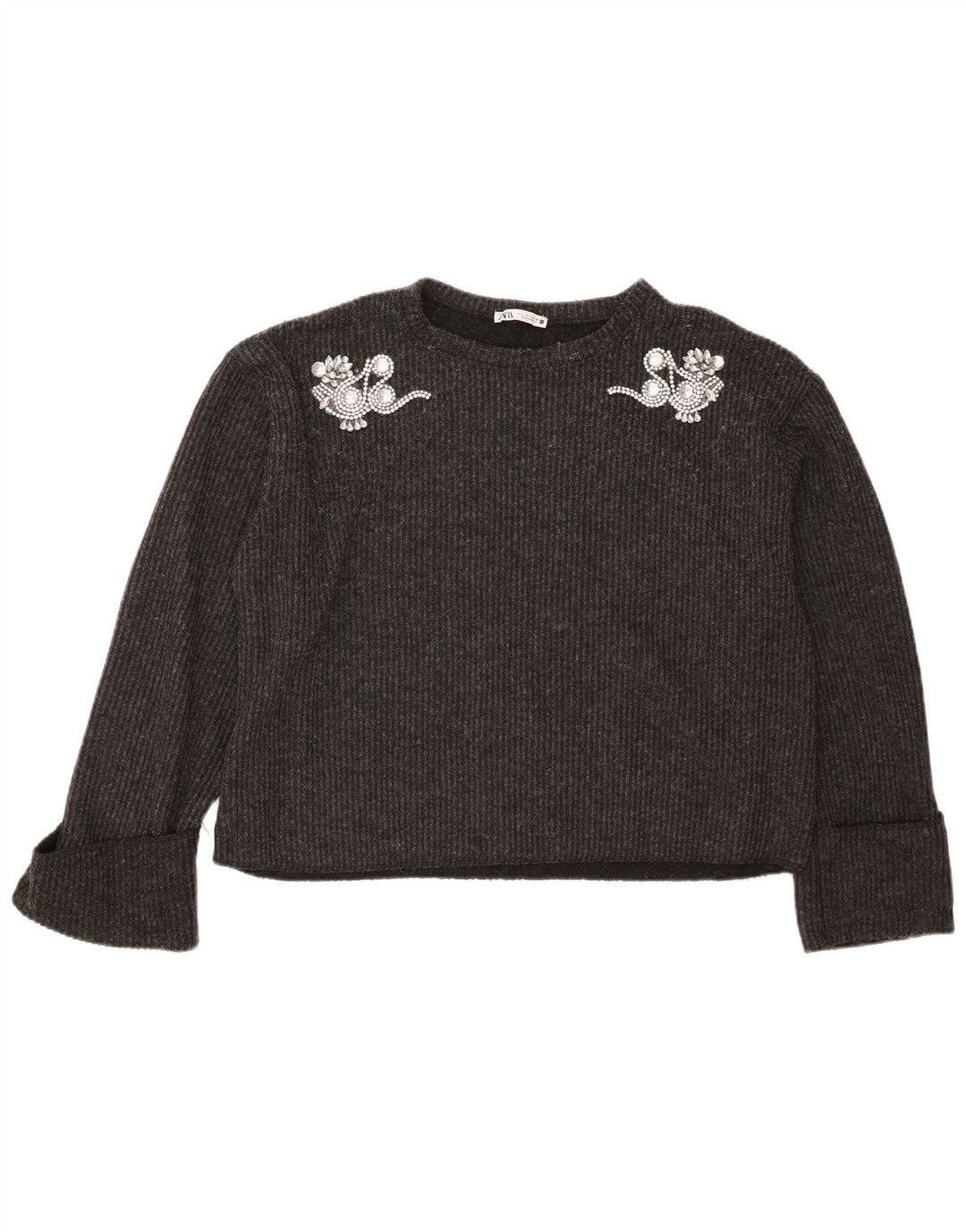 Zara Mujer Crop Suéter De Cuello Redondo De Gran Tamaño UK 46 Grande Gris