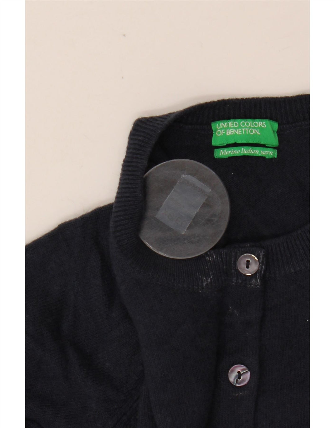 BENETTON Suéter tipo cárdigan corto para mujer UK 6 XS Lana merino azul marino