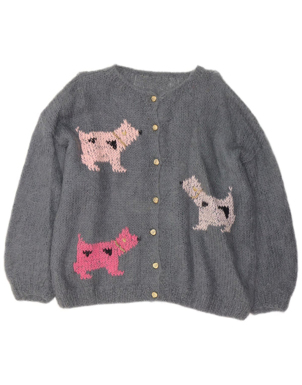 Vintage mujer gráfico cardigan suéter Reino Unido 20 2XL gris animal impresión novedad