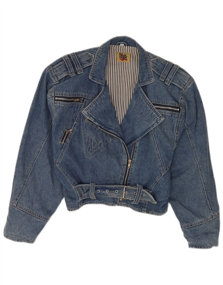 Vintage mujer crop denim biker chaqueta Reino Unido 12 algodón azul medio