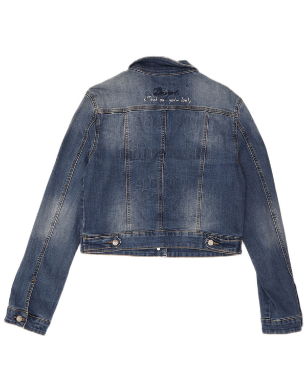 Desigual Chaqueta vaquera corta gráfica para mujer EU 42 Poliéster azul grande