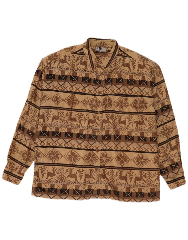 VINTAGE Womens Oversized Corduroy Shirt UK 18 XL Beige Geometric Aztec